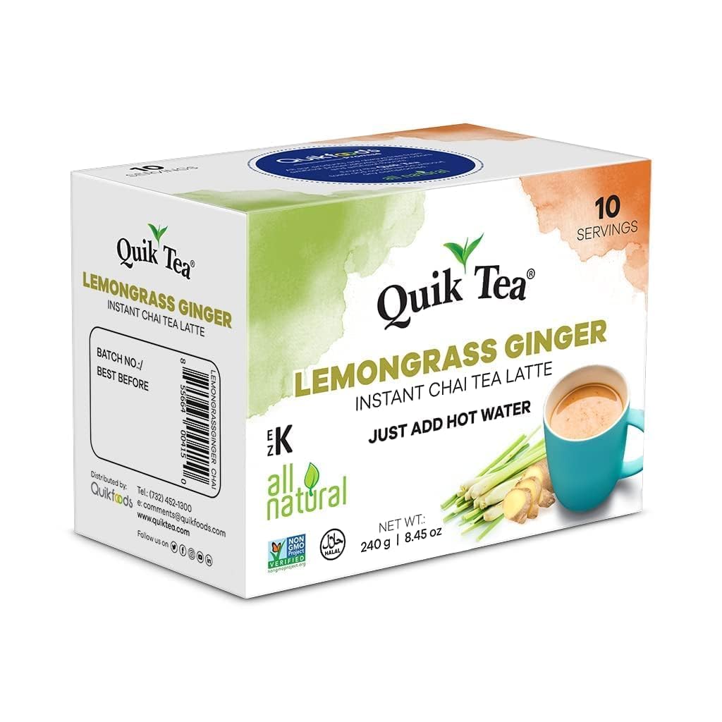 Quik Tea Lemongrass Ginger Instant Chai Tea Latte - 10 Count Single Box - All Natural Digestion Tea | Just Add Hot Water