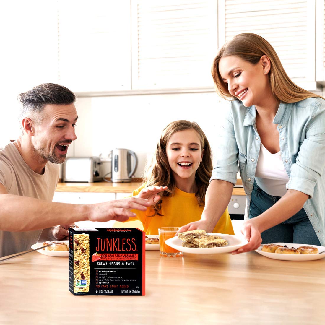 Junkless Strawberry Chewy Granola Bars - 100% Real Strawberries - Less Sugar, Great Tasting, Wholesome Snacks - Bulk Granola Bar