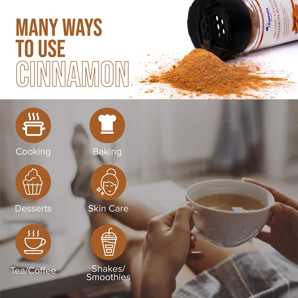 KAPRUKA Organic Ground Ceylon Cinnamon Powder, 1.41 oz Glass Jar with Shaker