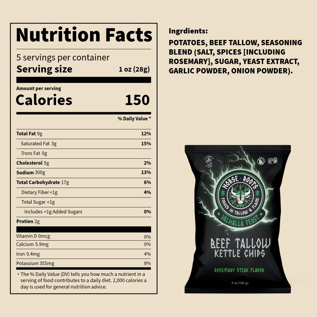 Norse Roots Beef Tallow Kettle Chips Variety Pack - 6 Flavors (Sea Salt  Honey BBQ  Rosemary Steak  Cheddar & Sour Cream  Spicy All Seasoned  Salt & Pepper) - Seed Oil Free  Gluten Free  6 Pack  5 oz Bags