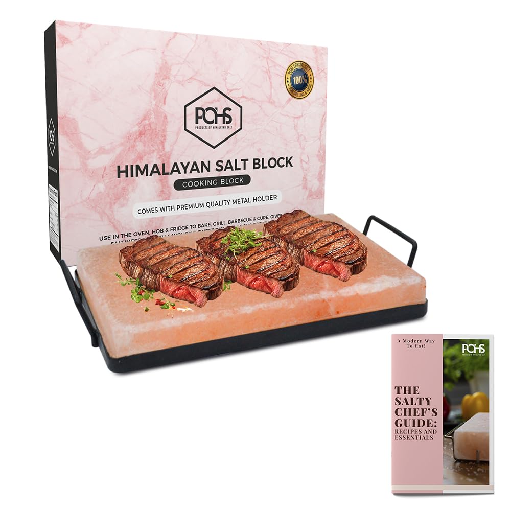 POHS Himalayan Salt Block for Grilling and Cooking - 12x8x1.5 Inches with Metal Holder, 69.33 Ounce (Pack of 3)