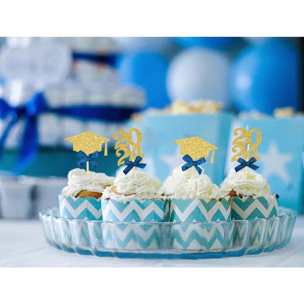 Graduation Cupcake Toppers, Food/Appetizer Picks For Graduation Party Cake Decorations 24Pcs(Blue)