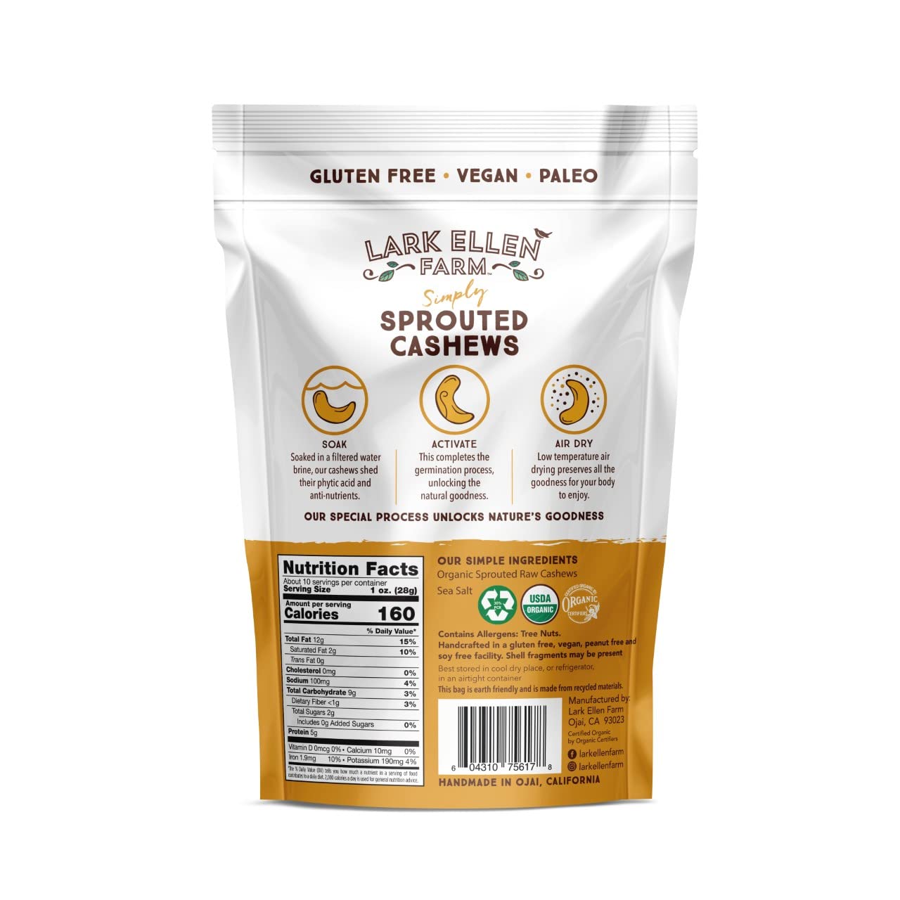 Lark Ellen Farm Sprouted Organic Certifed Cashews Unsalted - 10 Oz Bag, Non Gmo, Keto Snacks, Paleo, Gluten Free, Vegan, Organic