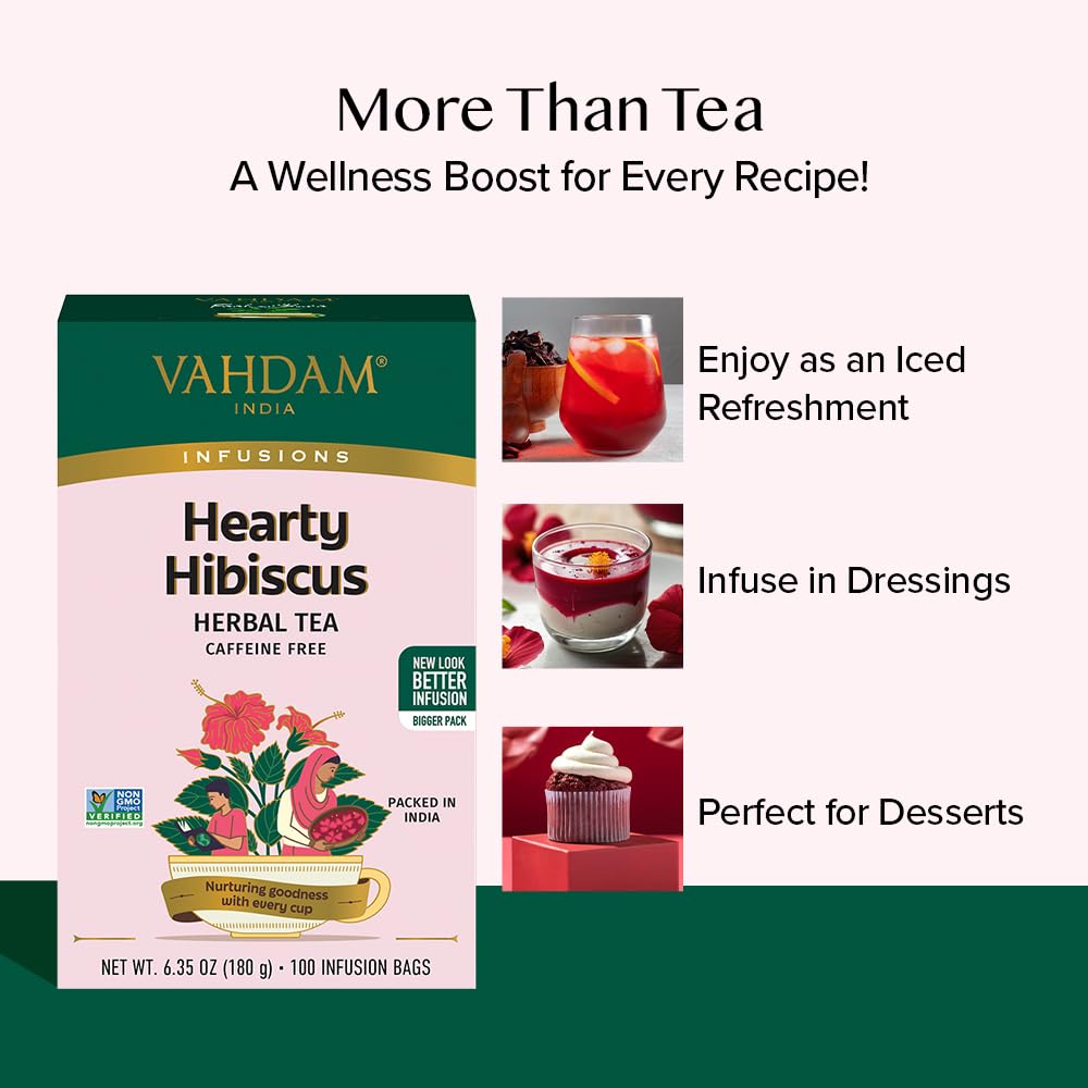 VAHDAM Heartly Hibiscus Wellness Blend Tea Bags, Caffeine Free, Non-GMO, 100 Count, Eco-Friendly Individually Wrapped