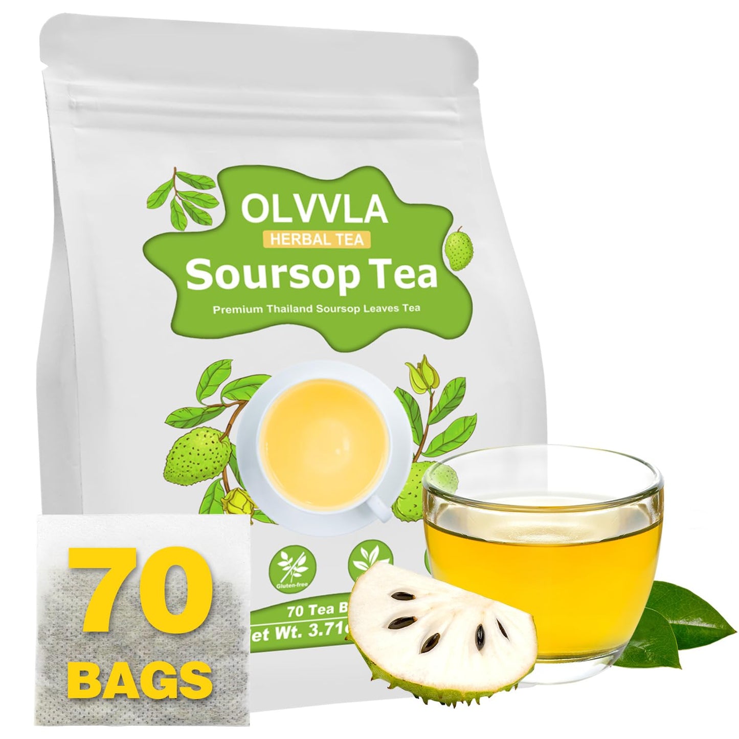Olvvla Premium Soursop Tea Bags - Caffeine-free, Non-GMO - 70 Count