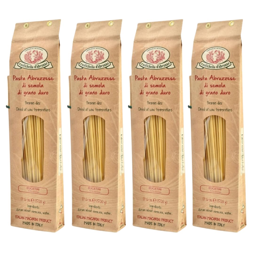 Rustichella d Abruzzo Bucatini (Pack of 4), 500g Each - Classic Italian Pasta with a Hole - Perfect for Amatriciana Sauce - Art