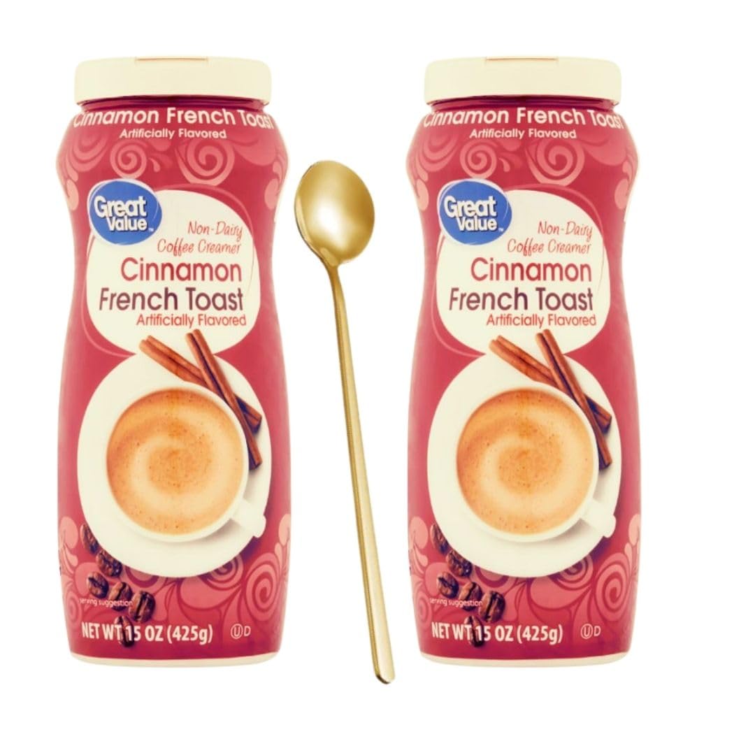 Cinnamon French Toast Coffee Creamer Bundle with One (1) Elegant Stainless Steel Long Handle Coffee Stirrer. 2 (15 oz) canisters