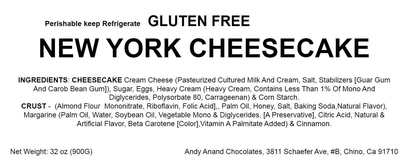 ANDY ANAND CHOCOLATIER Gluten-Free New York Cheesecake - 9-Inch, Fresh California Cream Cheese, 32 Ounce
