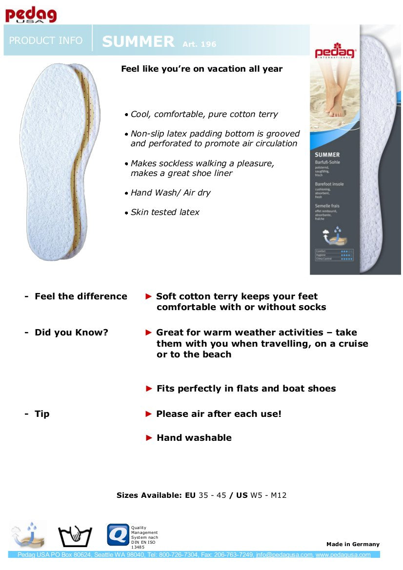 Pedag Summer | Terry Cotton Sockless Insoles | Barefoot Inserts | Handmade In Germany | Absorbs Sweat & Controls Odor | Ideal Fo