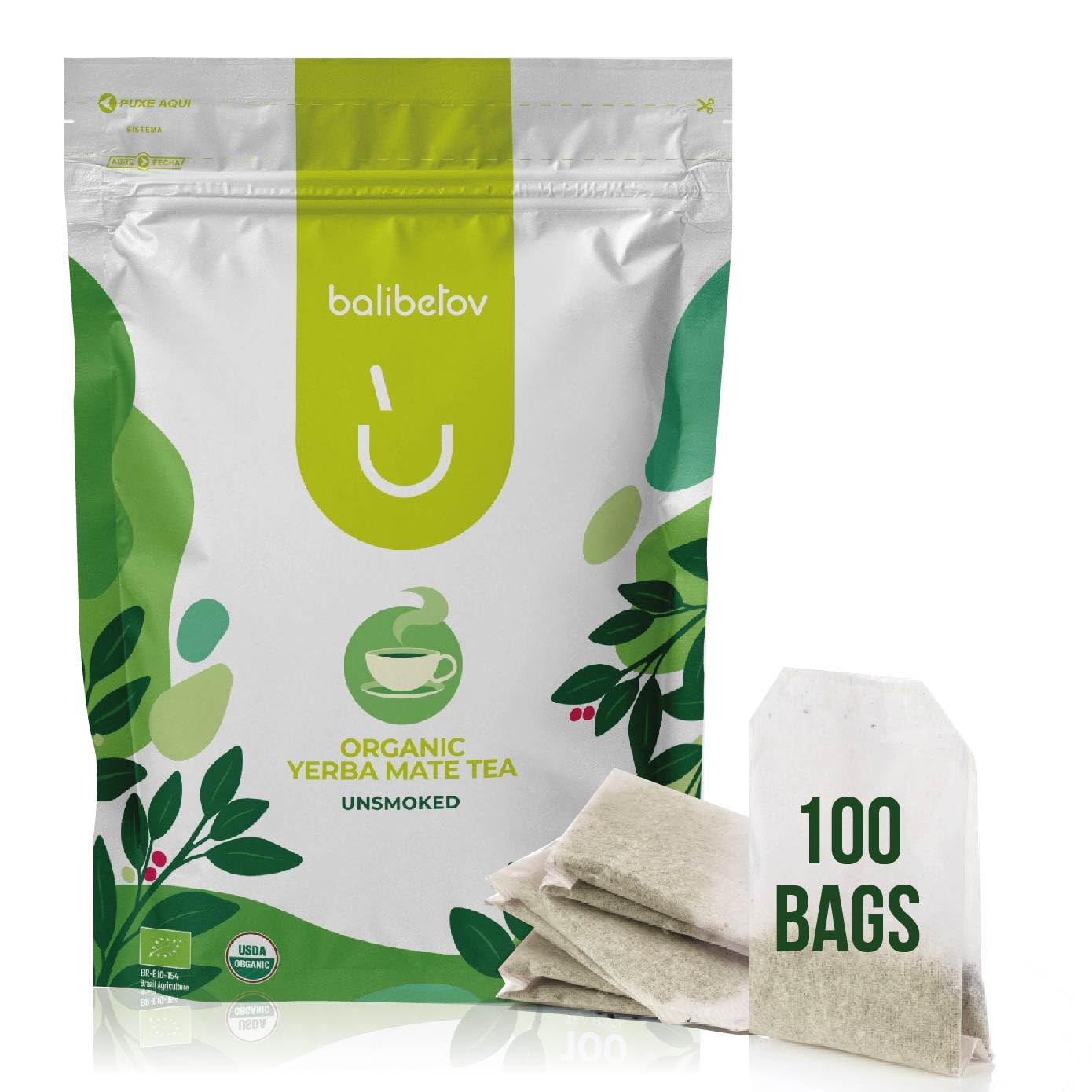 BALIBETOV Organic Unsmoked Yerba Mate Tea Bags - 100 Count  Traditional Cut  Clean Natural Energy  Gluten-Free & Vegan  Enjoy Hot or Cold