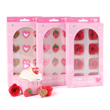 Edible Valentine Icing Decoration, Red Rose Icing Decoration, Royal Icing Heart Sprinkle, Strawberries Sugars Sprinkles for Cupc