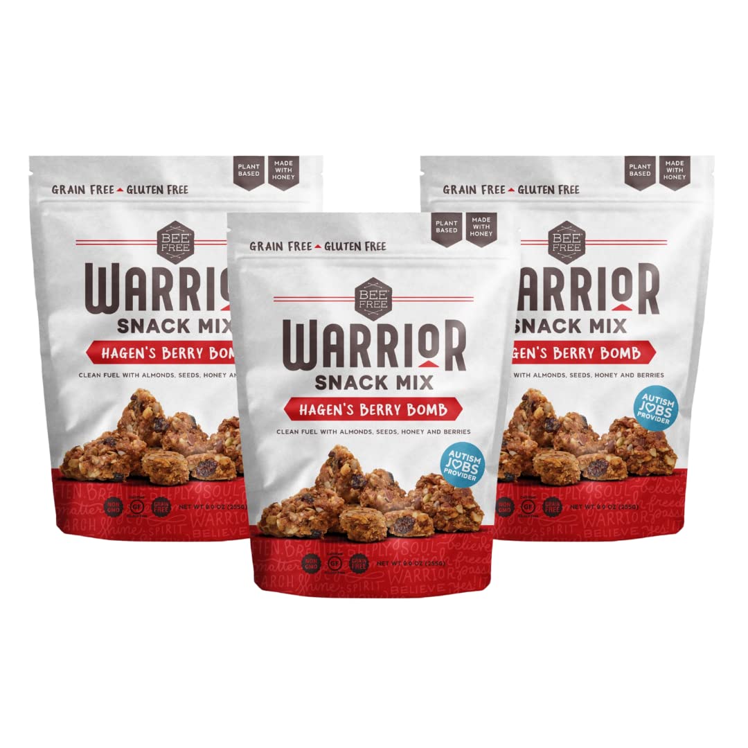 BeeFree Warrior Mix Granola Bites - Gluten Free, Paleo, Low Carb, 9 Ounce Bags, 3 Pack