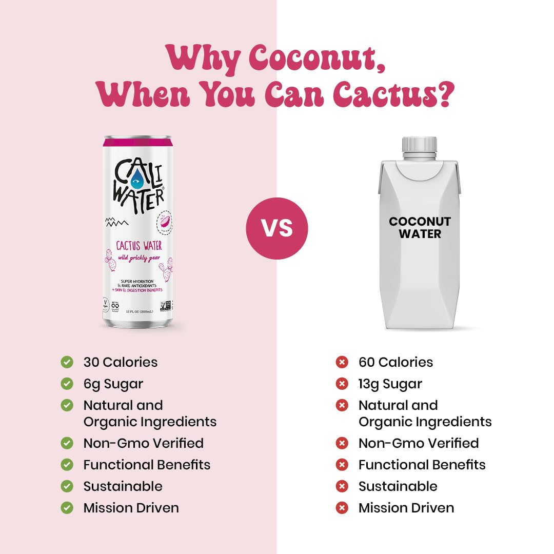 Caliwater - Organic Cactus Water - Wild Prickly Pear - 5G Sugar, 25 Calories - Coconut Water Alternative - Natural Plant Based Hydration - Skin Care, Electrolyte Drinks - Flavored Water - 12 Cans