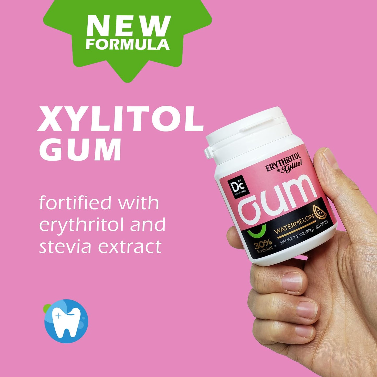 DC24 DAILY CARE Xylitol Chewing Gum, Sugar Free, Watermelon Flavor, 60 Count, Aspartame Free, Low-Calorie