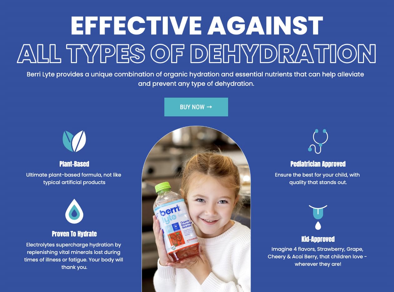 Berri Lyte Plant Based Organic Electrolyte Solution - Pediatric Rehydration Drink - Low Sugar Strawberry Flavor, 1 L, 4 Ct