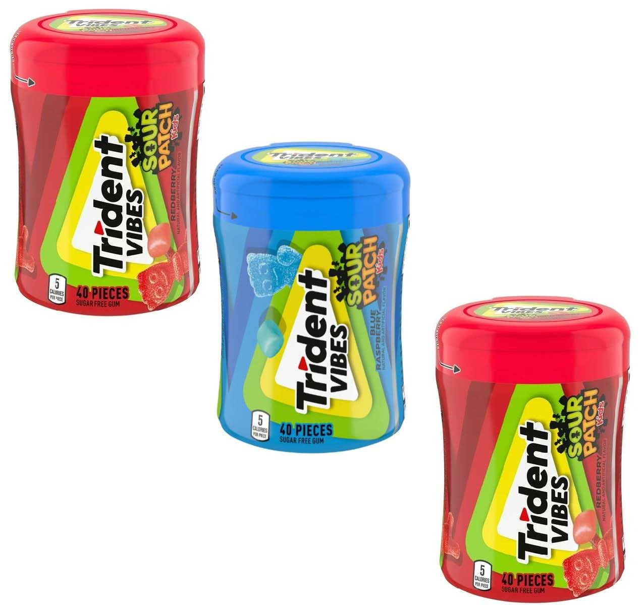 Ydf Trident Vibes 3 Flavors Variety Pack Lemon, Tropical, Peppermint, Sugar Free Gum 3 Bottles Of 40 Pieces (120 Total Pieces), 40 Count (Pack Of 3)