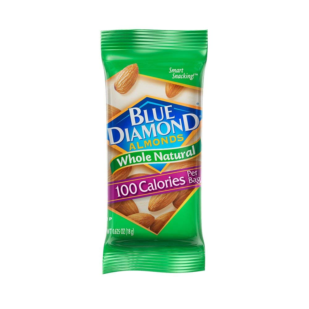 Blue Diamond Almonds Whole Natural Raw Snack Nuts, 100 Calorie Travel Bags, 32 Count, 0.625 Ounce Each, Healthy Snack Option