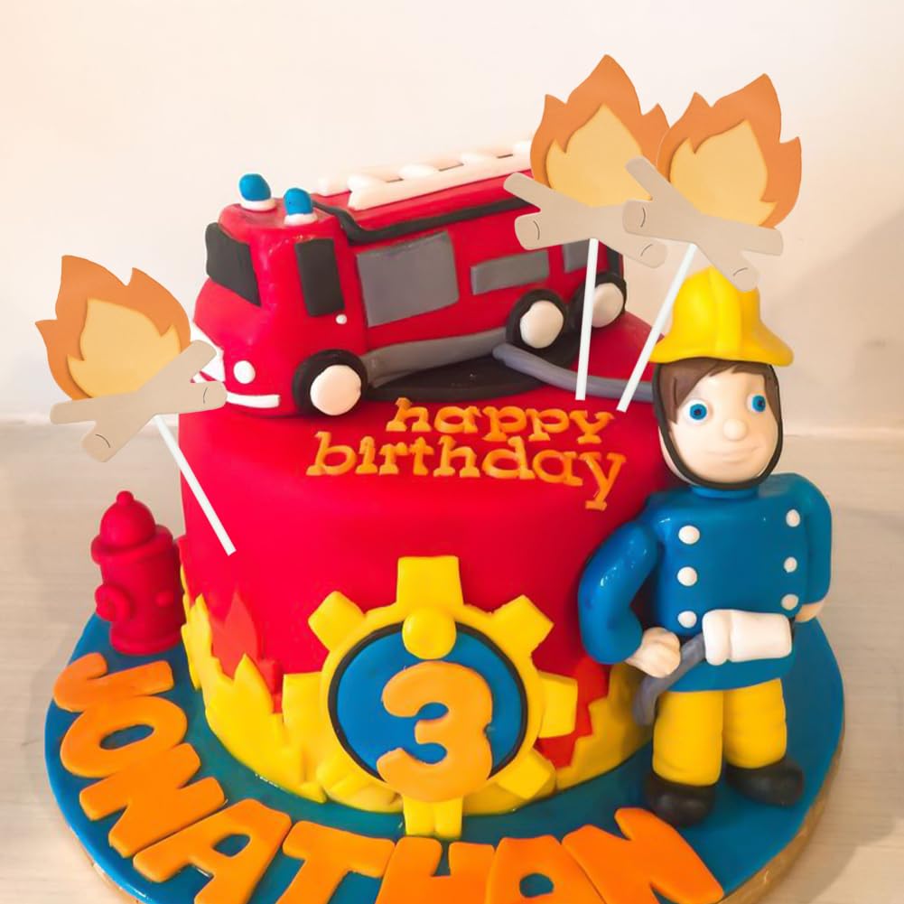 Capiant Fire Truck Cake Topper Set - 10 Pack, Paper Cards & Wooden Sticks, Fire Theme Birthday Party Supplies, Style 2
