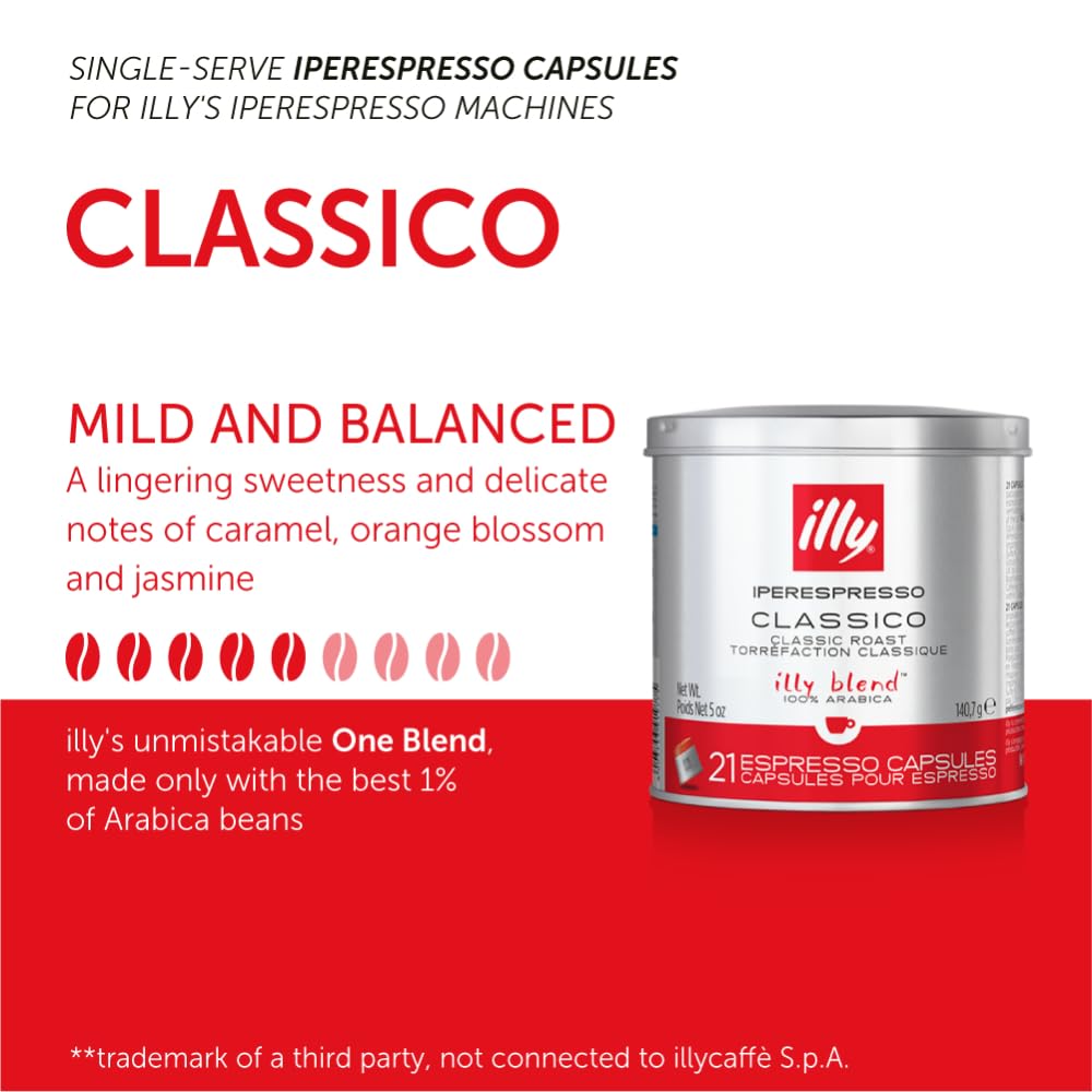 illy Coffee iperEspresso Capsules - Single-Serve Coffee Capsules & Pods - Single Origin Coffee Pods - Classico Medium Roast with Notes of Caramel - For iperEspresso Capsule Machines - 21 Count  6 Pack