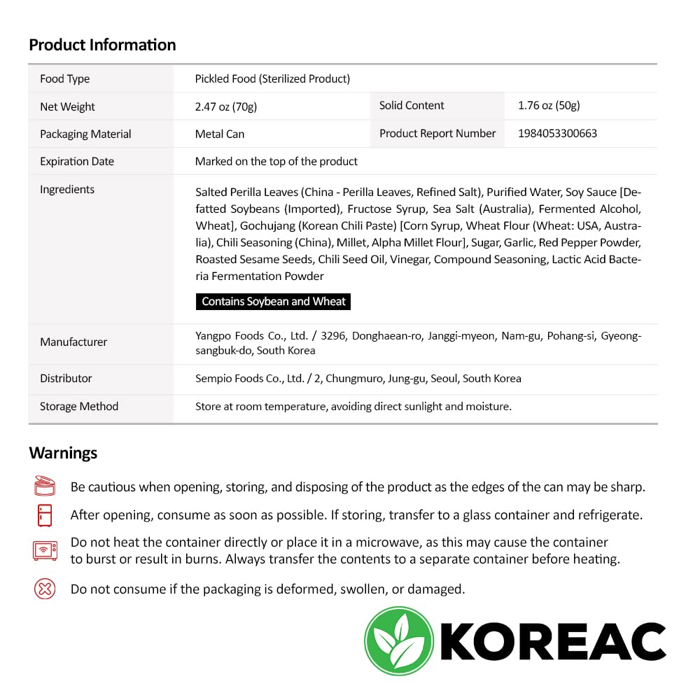 Koreac_Sesame Leaves In Soy Sauce (2.4 Oz, 70G, 2 Pack)_Korean Instant Food Banchan Side Dishes