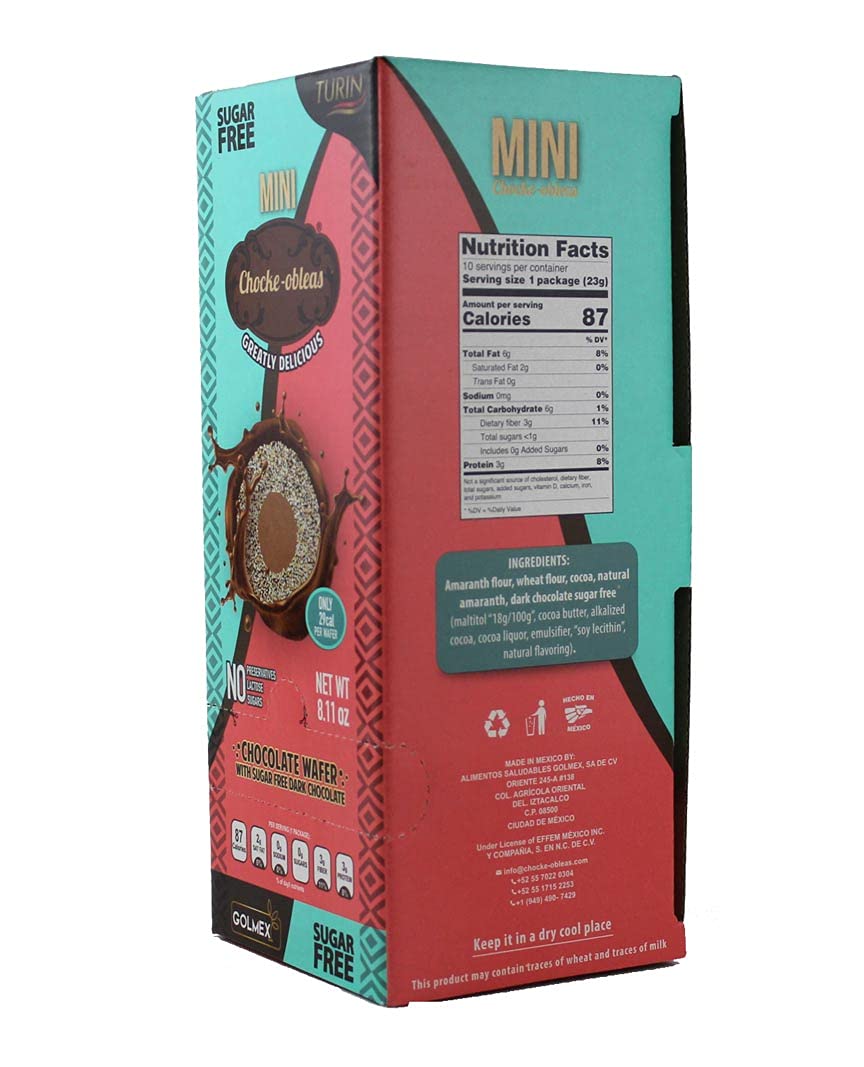 Chocke-Obleas Amaranth Wafer filled with Sugar Free Turin chocolate (Pack of 10) / Chocke-Obleas de Amaranto rellenas de chocola