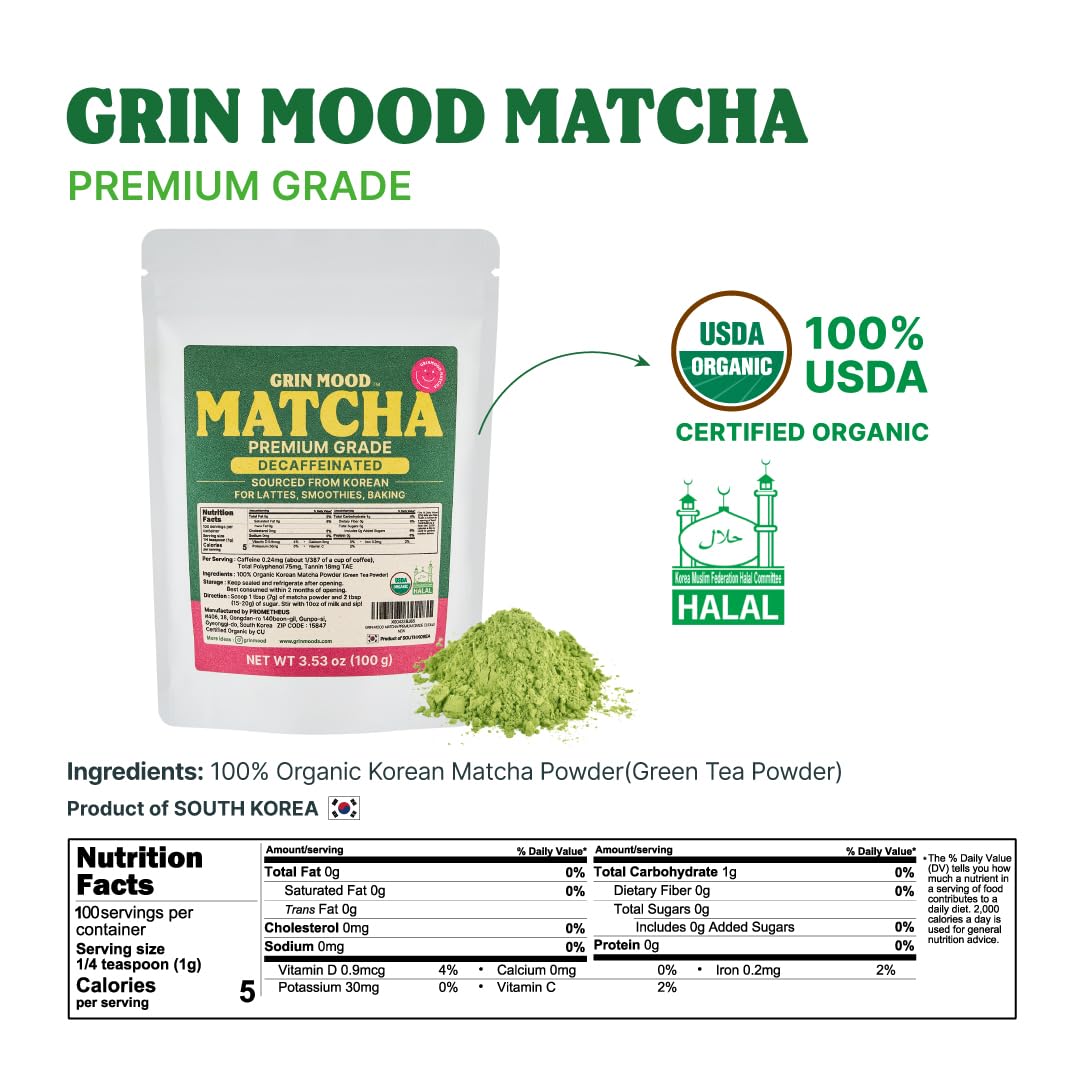 Grin Mood Matcha Powder - Organic Green Tea Powder - Decaffeinated Green Tea, Authentic Korean Matcha, Halal (3.53Oz, Enhanced Grade)