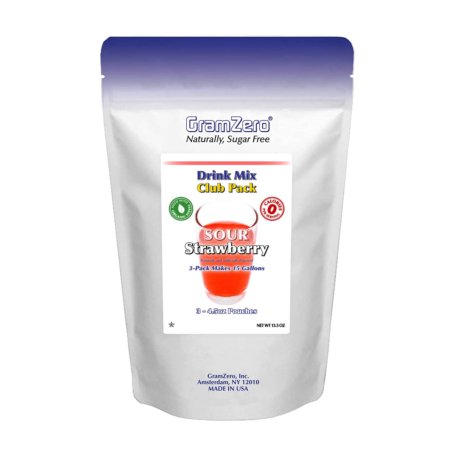Gramzero Sour Strawberry Zero Calorie Sugar Free Drink Mix, Great For Nutrition Club Loaded Tea, Stevia Sweetened