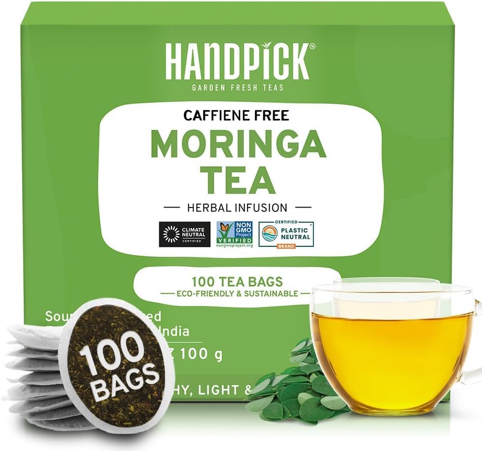 HANDPICK Organic Moringa Tea Bags - 100 Count, Non-GMO, Caffeine Free, Eco-conscious Round Bags