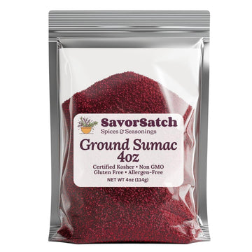 SavorSatch Ground Sumac - 4oz Resealable Pouch | Certified Kosher  GMO Free  Allergen-Free | Tangy  Deep Red Spice for Middle Eastern Cooking  Salads  and Meats | Product of Turkey
