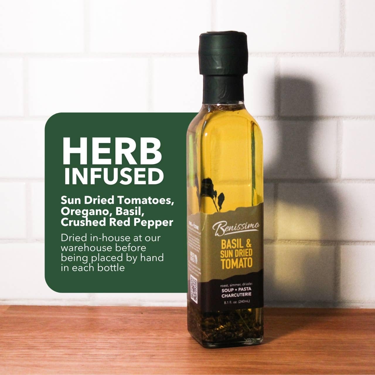 Benissimo Basil and Sun Dried Tomato Herb Infused Oil, All Natural, Farm Fresh Herbs, Sizzle and Drizzle, 8.1 FL Oz