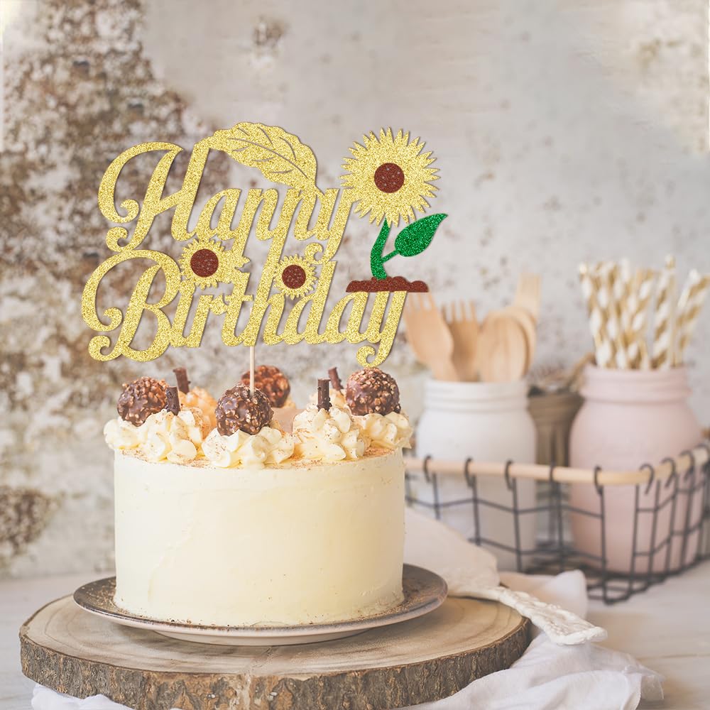 1 Pack Happy Birthday Cake Topper Glitter Sunflower Cake Pick Baby Shower,Sunflower Theme Party Decoration, Kids Boy Girl Birthd