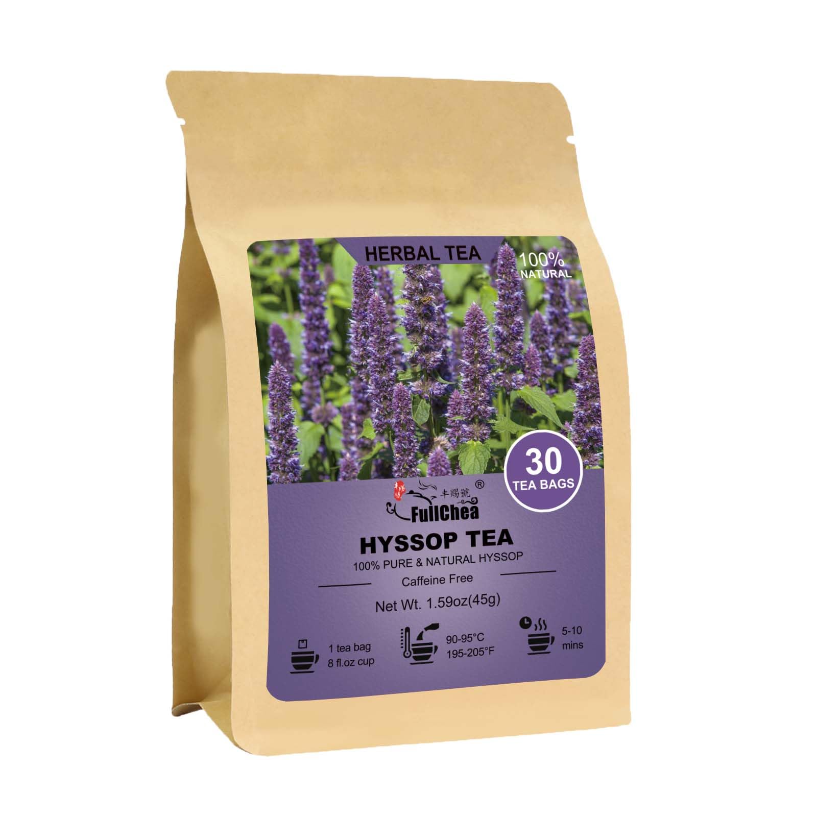 Fullchea - Hyssop Tea Bags  30 Teabags  1.5G/Bag - Top-Grade Hyssop - Non-Gmo - Energy Blend-Free - Support Digestion & Promote Relaxation