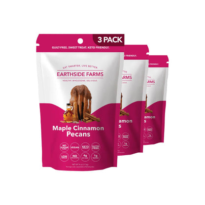 Earthside Farms Maple Cinnamon Pecans, Candied Pecans, Low Sugar Keto snack, Non GMO, Plant Protein, Vegan, Whole, Natural, Supe