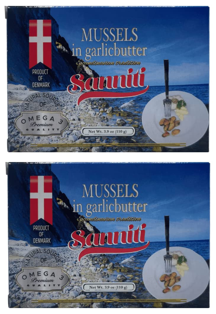 Sanniti Mussels In Garlic Butter | Natural Source Of Omega 3 | Just Heat And Serve  3.9 Oz (Pack Of 2)
