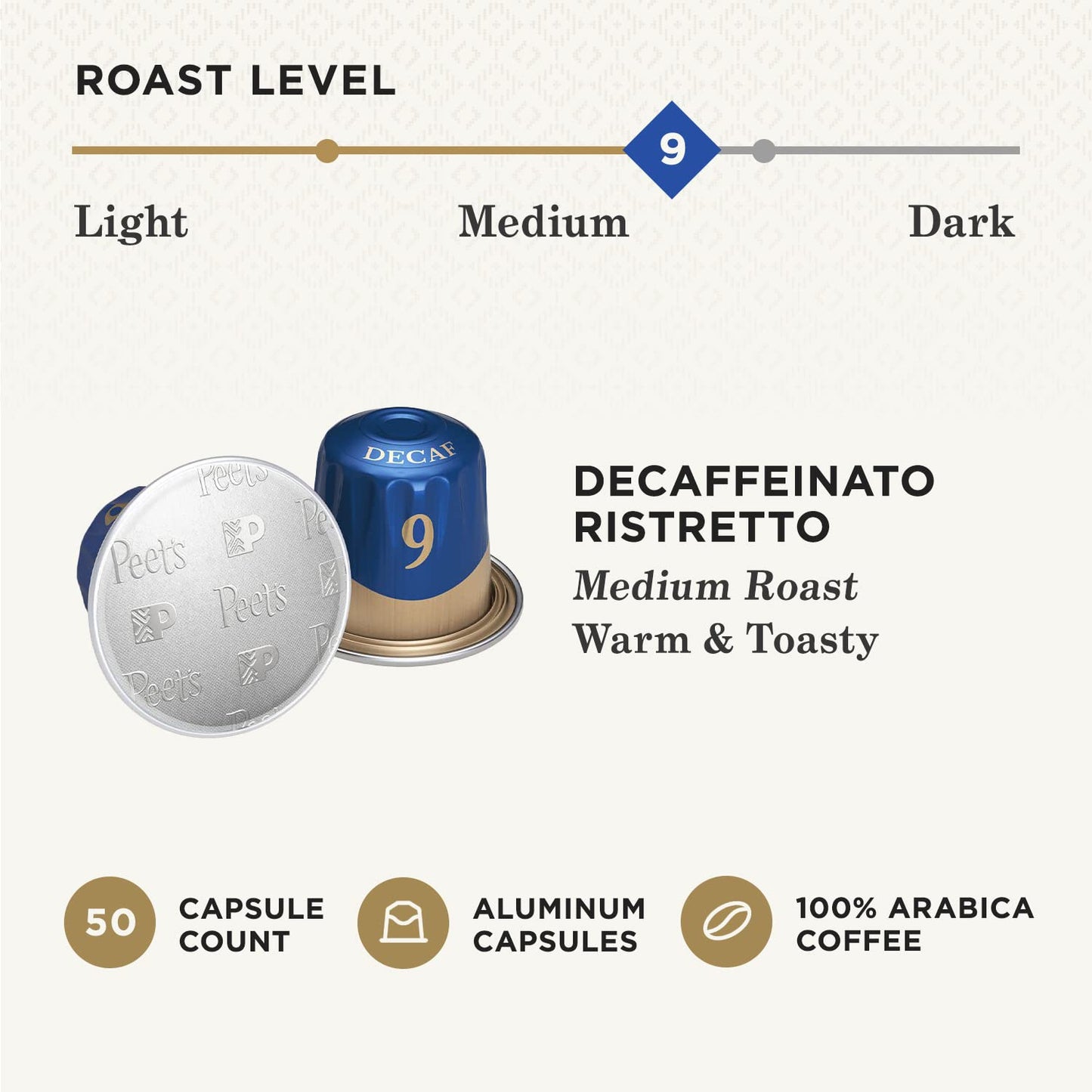 Peets Coffee Medium Roast Decaf Espresso compact pieces, Ristretto Intensity 10, 50 Count (5 Boxes of 10)
