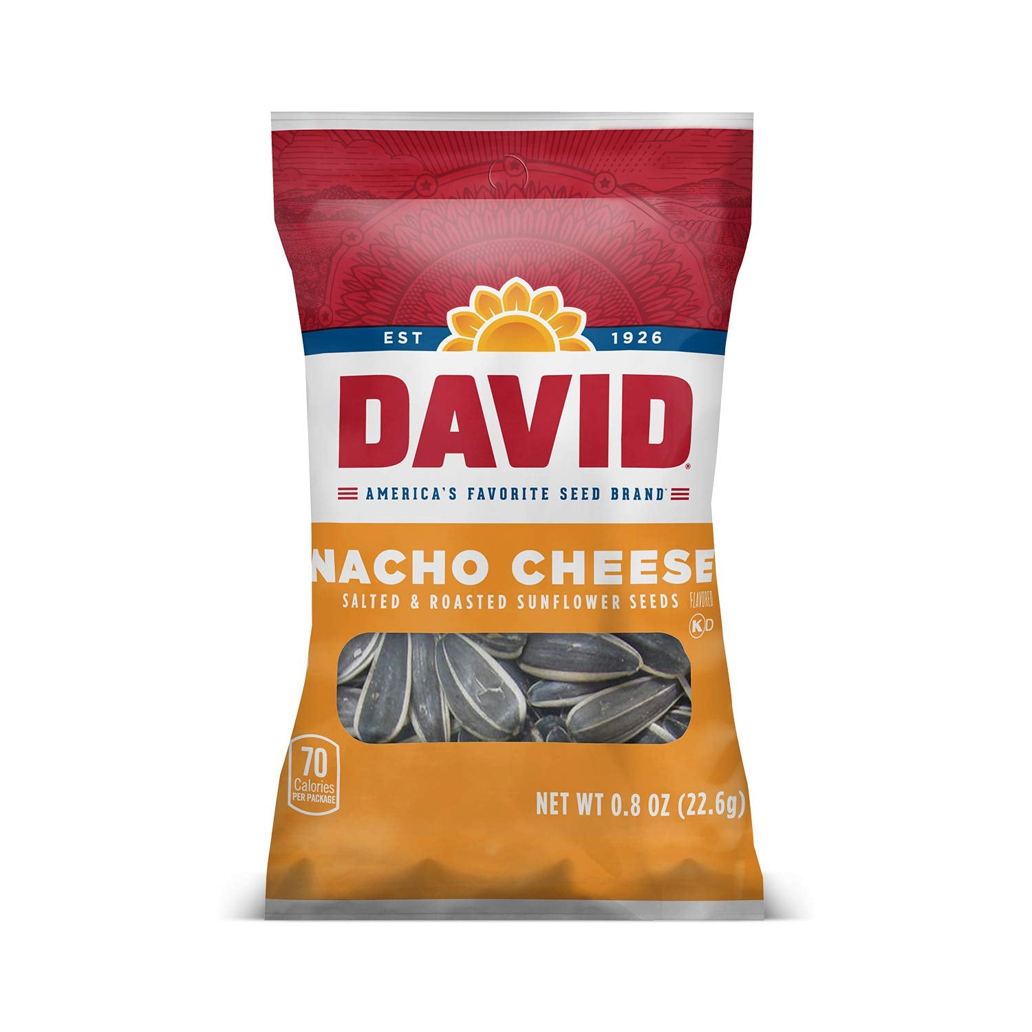 DAVID Roasted and Salted Sunfower Seeds, Nacho Cheese Flavor, 0.8oz. 36-Count Case (Pack of 9)