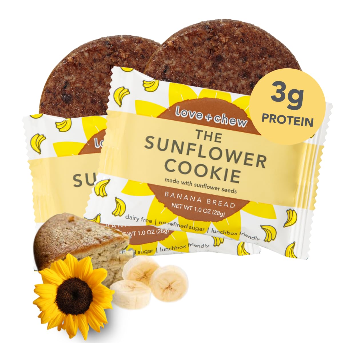Love + Chew Soft Baked Protein Cookies, Gluten Free | (18) Count Sunflower Banana Bread Minis | Vegan, Paleo, Non GMO and Packed