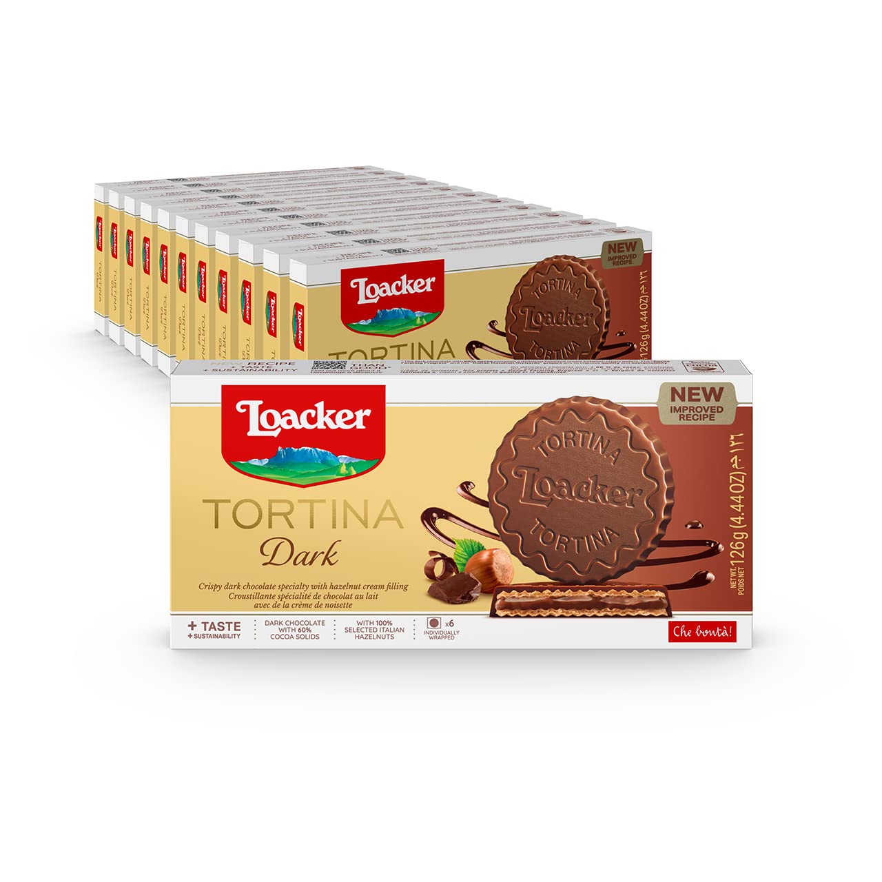 Loacker Tortina Dark - Individually Wrapped Top-Grade Dark Chocolate Enrobed Crispy Wafer Tartlets With Hazelnut Cream Filling - Pack Of 12