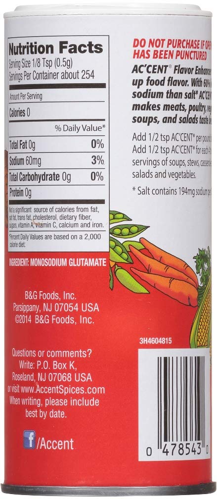 Ac'Cent Flavor Enhancer 00054 All Natural 4.5 Oz. Wakes Up Food Flavor Canister (Pack Of 2); Ideal For Meats, Poultry, Vegetable