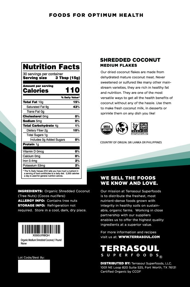 Terrasoul Superfoods Organic Coconut Flakes, Unsweetened, Medium Flakes, 16 Ounce