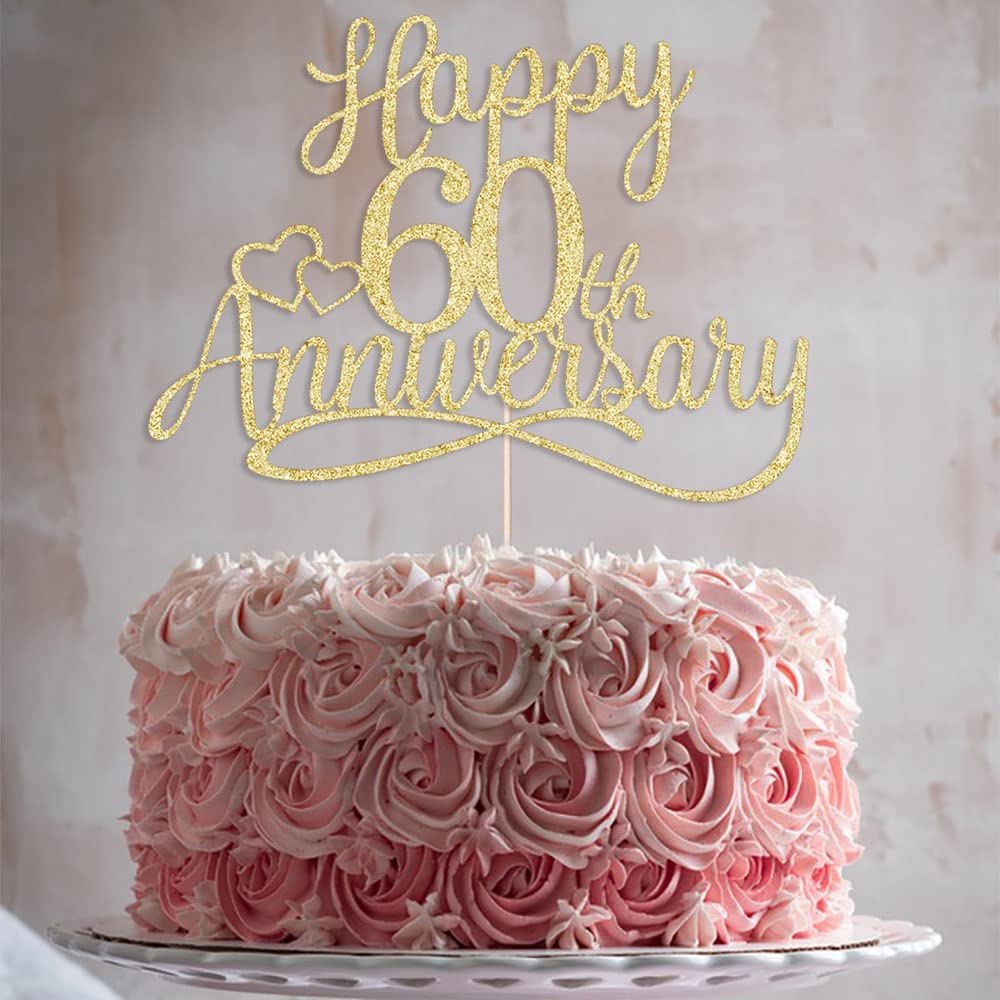 Sleyberoy Gold Glitter Happy 60th Anniversary Cake Toppers -Wedding Anniversary Party Decorations, 60th Wedding Anniversary, Com