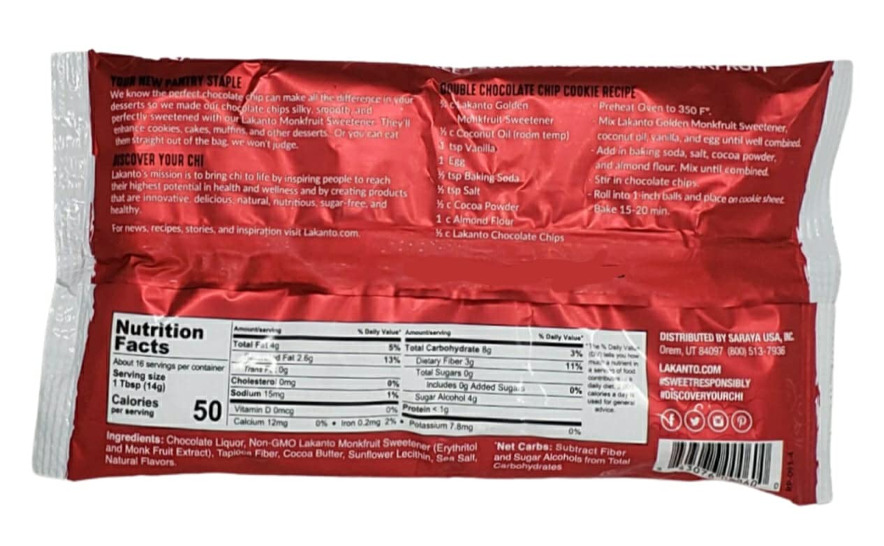 Lakanto Sugar Free Chocolate Baking Chips Sweetened With Monkfruit - Pack Of 4 Bags - 8 Oz Per Bag - 32 Oz Total - Gluten Free,