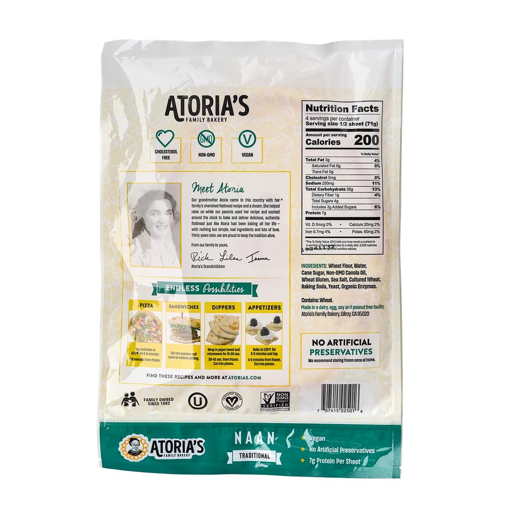 Atoria'S Family Bakery Traditional Naan | Non-Gmo, Vegan (8 Pack, 16 Flatbreads Total) 8-Packs Of 2 Sheets (16 Sheets)