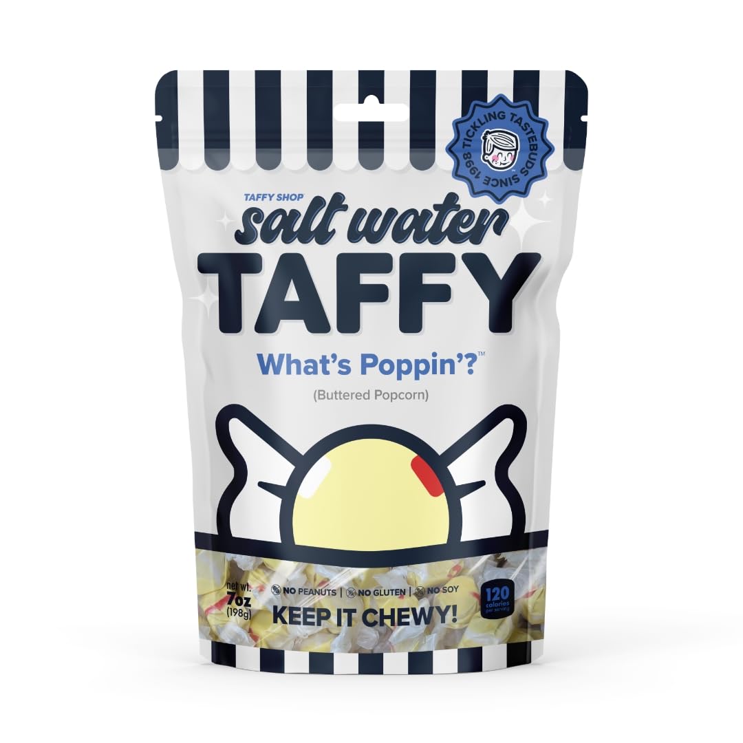 Taffy Shop What s Poppin ? Buttered Popcorn Salt Water Taffy - Gourmet Soft Chewy Candy, Bulk Sweet Snack, Fresh Gift & Gluten