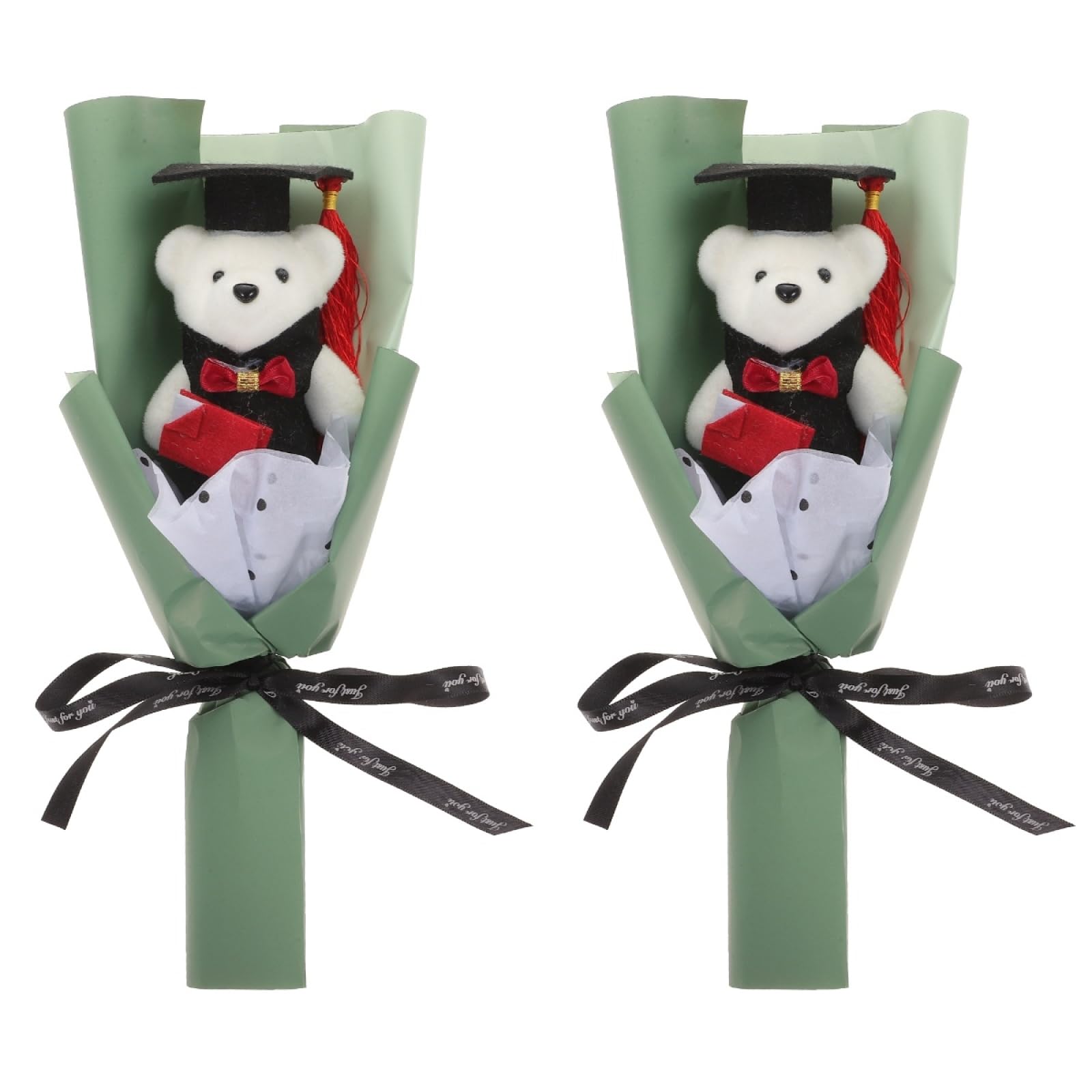 Tofficu 2 Bunches of Green Graduation Teddy Bear Bouquet with Plush Roses - Decorative Floral Arrangements for Graduation Party 