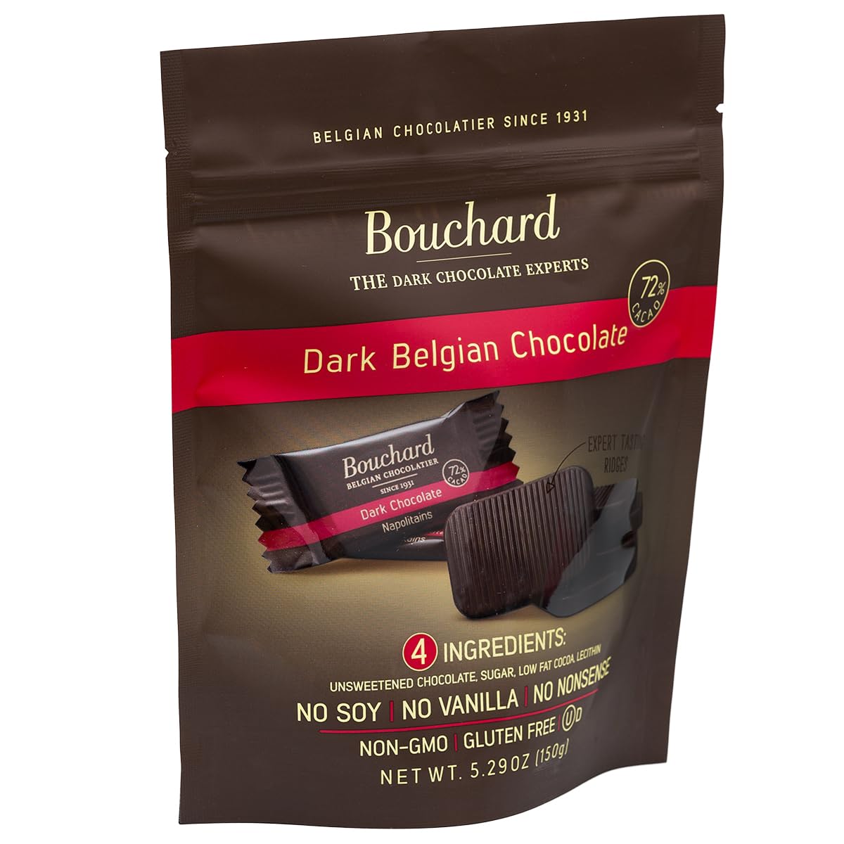 Bouchard Premium Belgian Dark Chocolate 72% Cacao 5.29 OZ (Pack of 4)