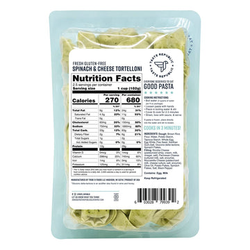 Gluten-Free Tortelloni, Spinach and Cheese Filled Fresh Pasta, Cooks in Just 3 Minutes by Taste Republic, Frozen, 9oz (6 pack)