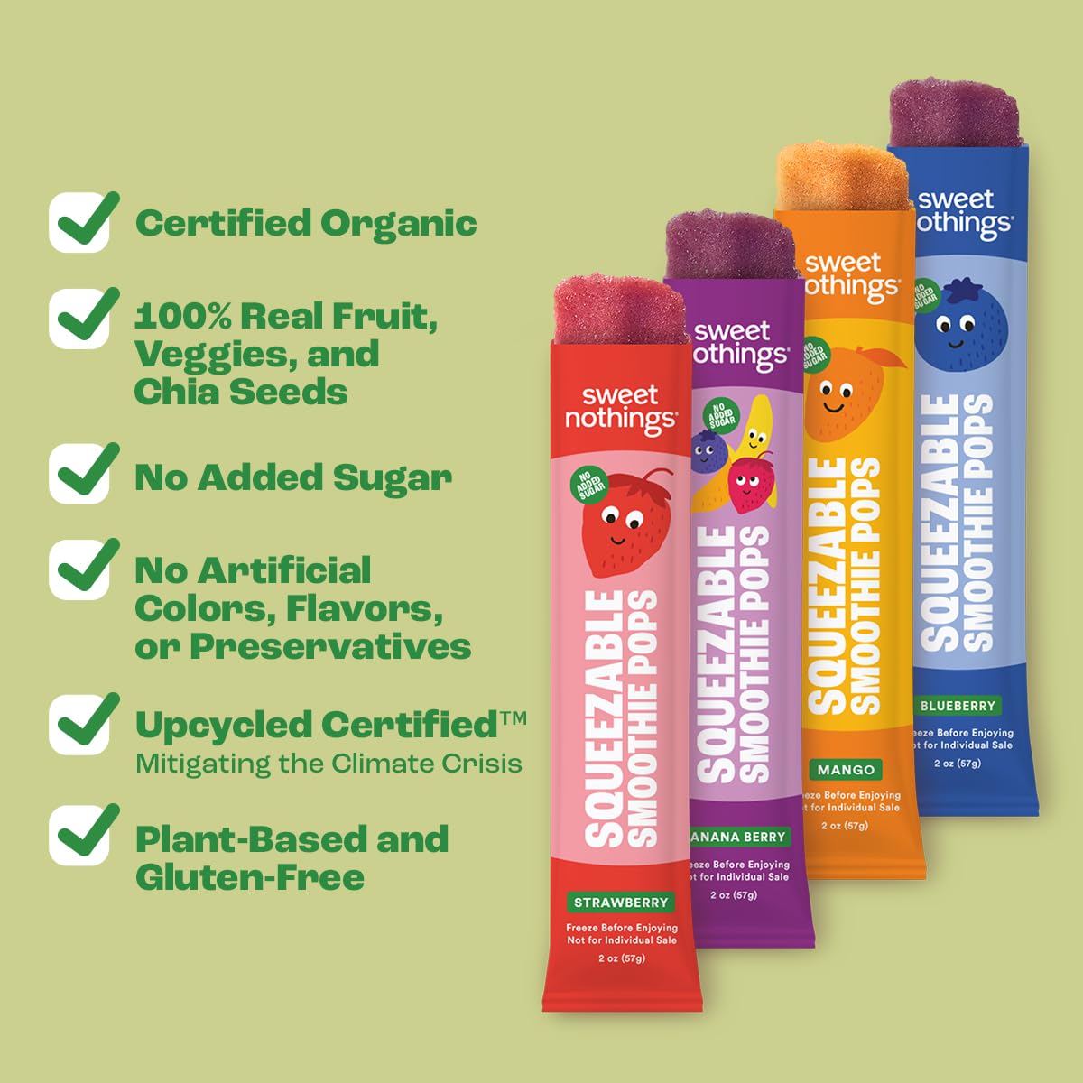 Sweet Nothings  Multi-Pack  USDA Organic Kids Squeezable Super Fruit Smoothie  Value Pack of 24 - Dye-Free  No Added Sugar Vegan  Healthy Organic Fruit and Veggie Pops  Freeze & Enjoy