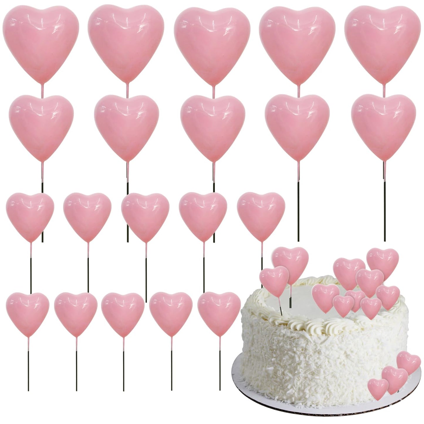 Beishida 20 Pcs Pink Heart Cake Toppers 3D Heart Cake Toppers Foam Toppers Cake Decoration Happy Birthday Cake Diy Cake Insert F