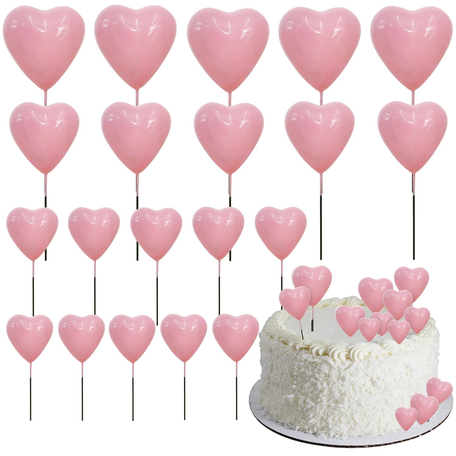 Beishida 20 Pcs Pink Heart Cake Toppers 3D Heart Cake Toppers Foam Toppers Cake Decoration Happy Birthday Cake Diy Cake Insert F